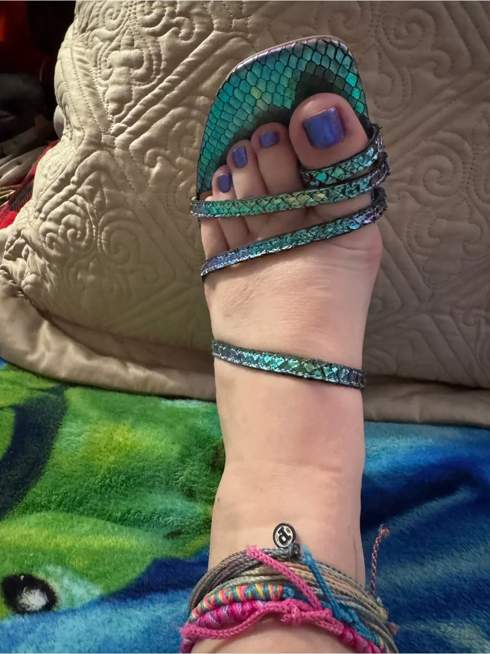 Iridescent Teal-Purple Strappy High-Heel Sandals